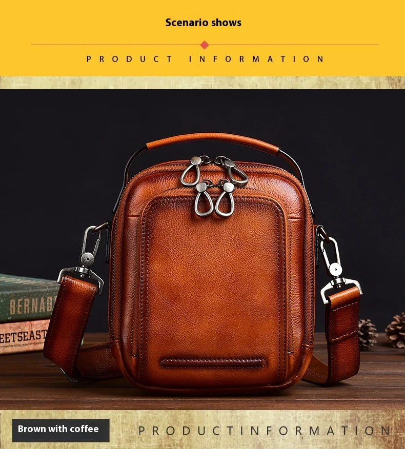 A rugged, retro-inspired cowhide messenger bag made in New Zealand, featuring a spacious interior, multiple pockets, and a comfortable single strap design.