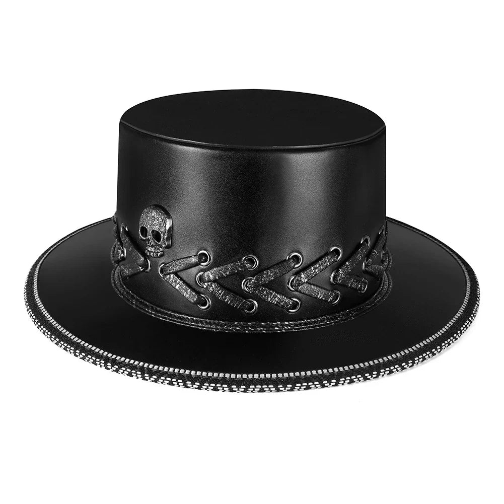 A black punk-style top hat with an embossed skull design, made of premium PU leather.