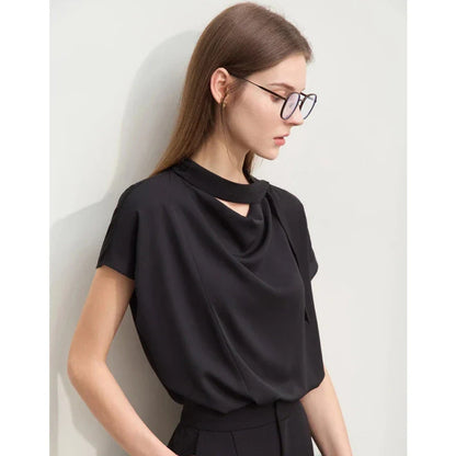 Minimalism Summer Solid Women's Blouse in Blue, featuring a loose swing neck, tie sleeves, and hollow-out decoration for a chic, breathable summer office look.