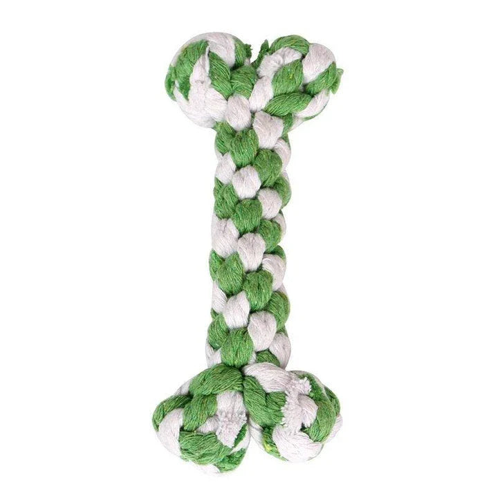 Chew-tastic braided cotton dog toy in the shape of a bone, available in brown and grey colours