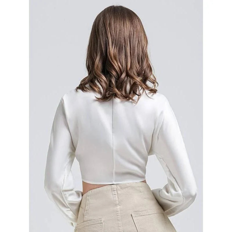 Elegant Vintage V-Neck Long Sleeve Crop Blouse in solid white color, a timeless wardrobe essential for Kiwi women