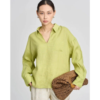 Linen V-neck Long Sleeved Shirt for Women, featuring a sustainable, breathable design in a versatile khaki color