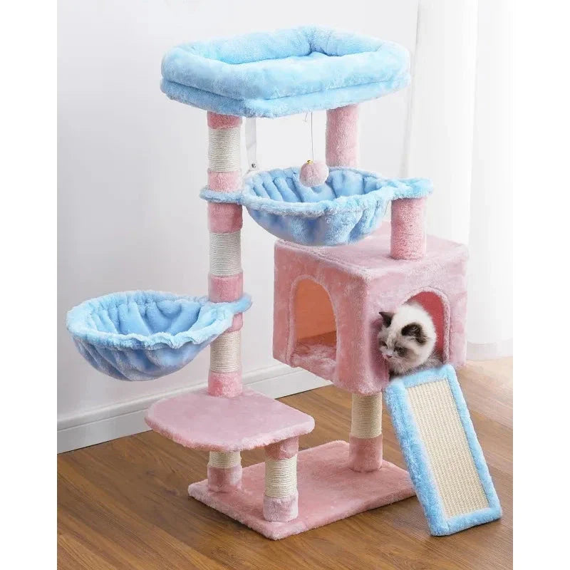 A stylish and sturdy cat tree with multiple levels, scratching posts, and cosy hammocks for your indoor cat's playtime and relaxation.