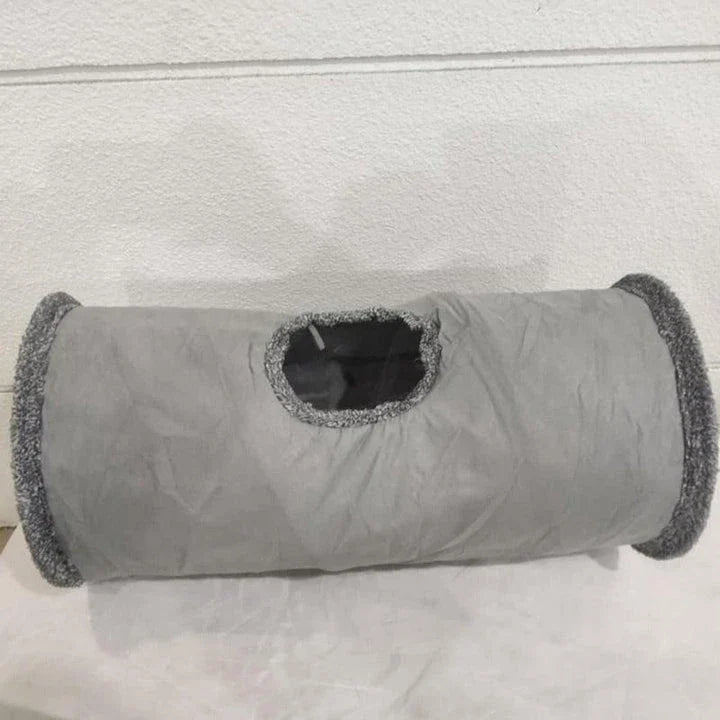 Collapsible cat tunnel toy made of soft, durable polyester fabric in gray color