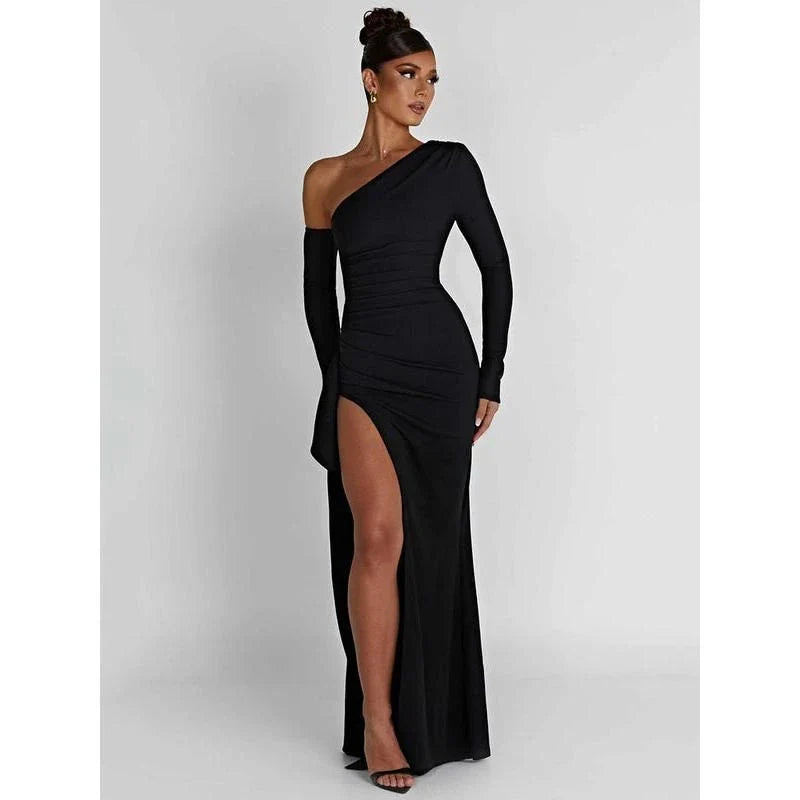 Elegant oblique shoulder maxi dress with backless design and thigh-high split for upscale evening events