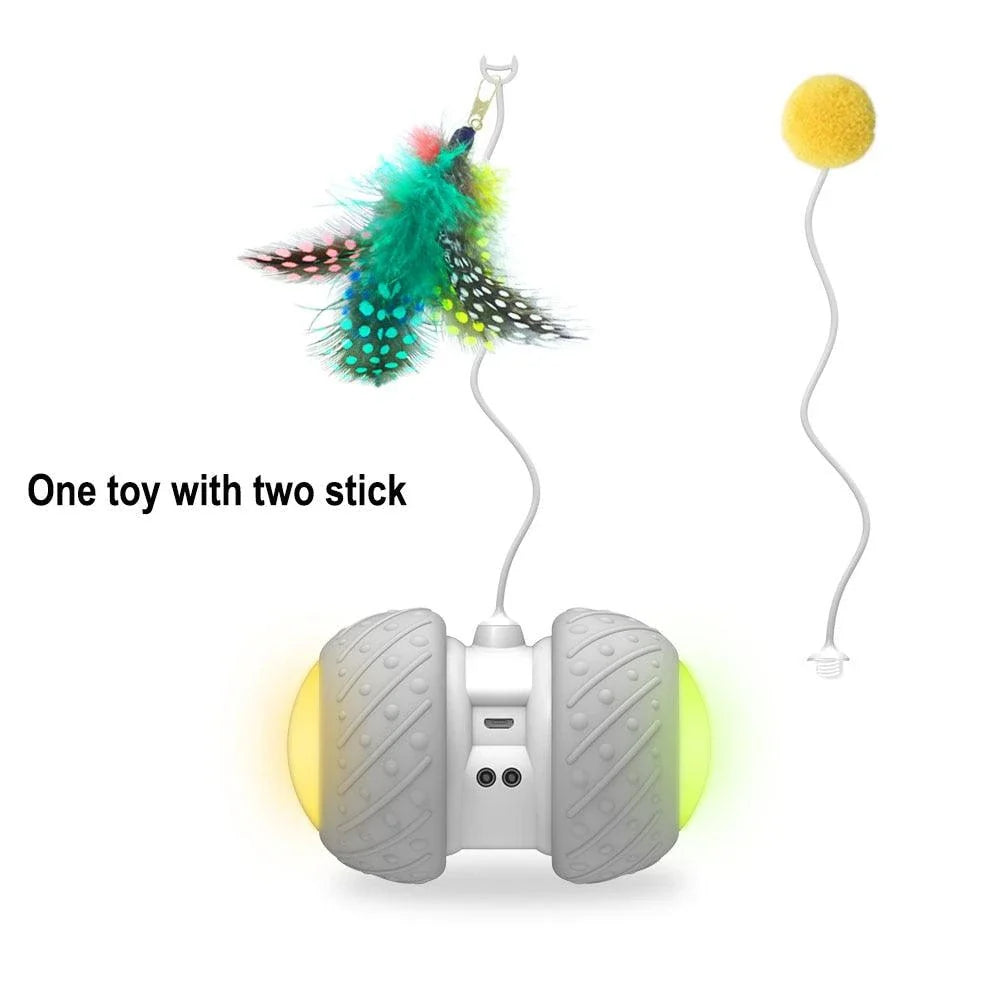 A grey interactive cat toy with a feather attachment, designed to engage a cat's natural hunting instincts and provide long-lasting entertainment.