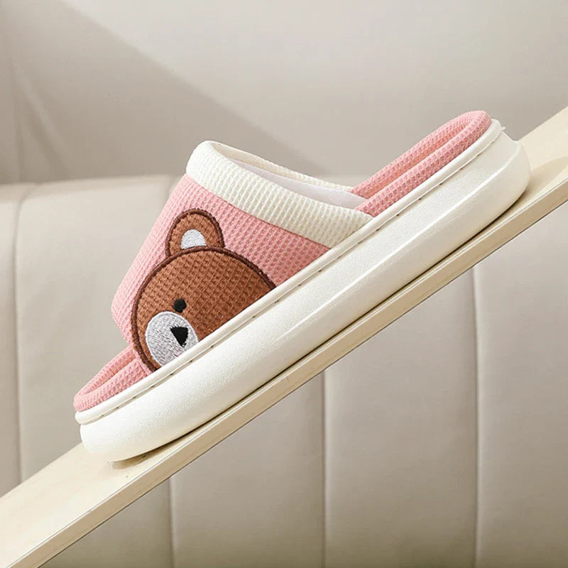 Cozy cartoon bear linen slippers with non-slip soles, perfect for indoor Kiwi comfort