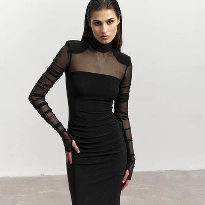 Elegant turtleneck dress with mesh stitching details, slim-fit silhouette, and long sleeves