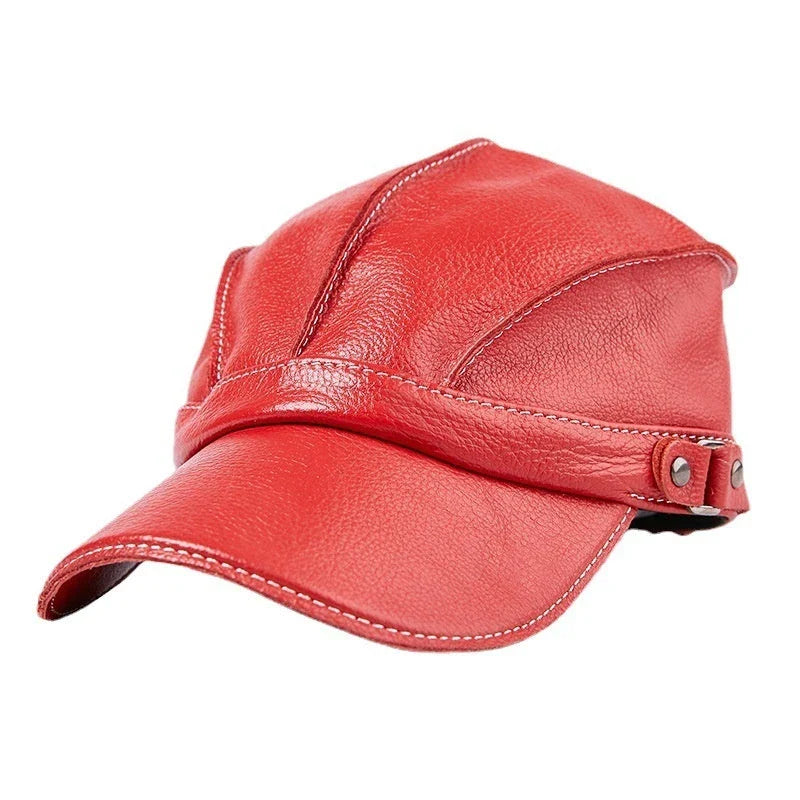Leather baseball cap with earmuffs in black, red, and brown colors for men's cold weather wear