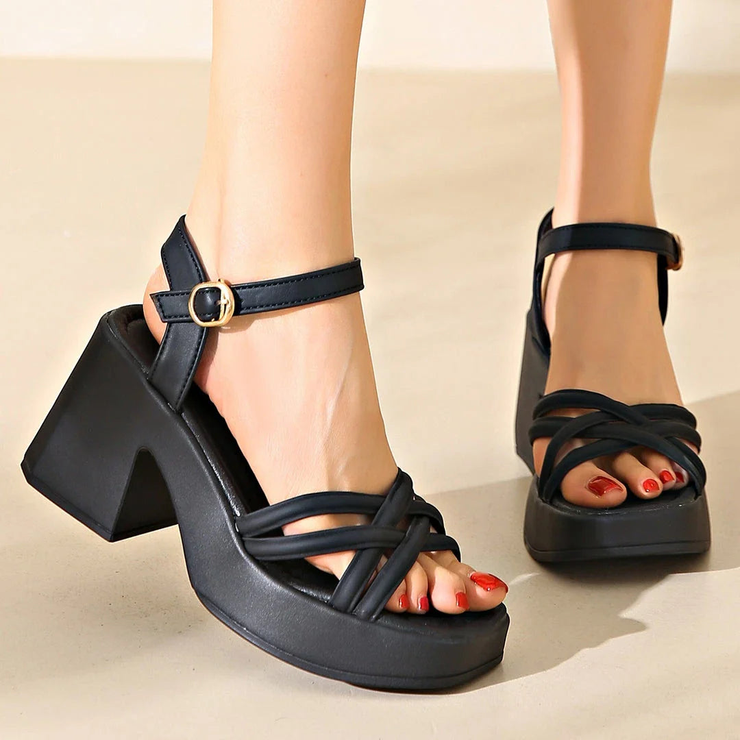 Stylish chunky high heel sandals for women featuring a premium PU leather upper, durable rubber outsole, and adjustable buckle strap for a secure fit.