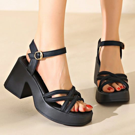 Stylish chunky high heel sandals for women featuring a premium PU leather upper, durable rubber outsole, and adjustable buckle strap for a secure fit.