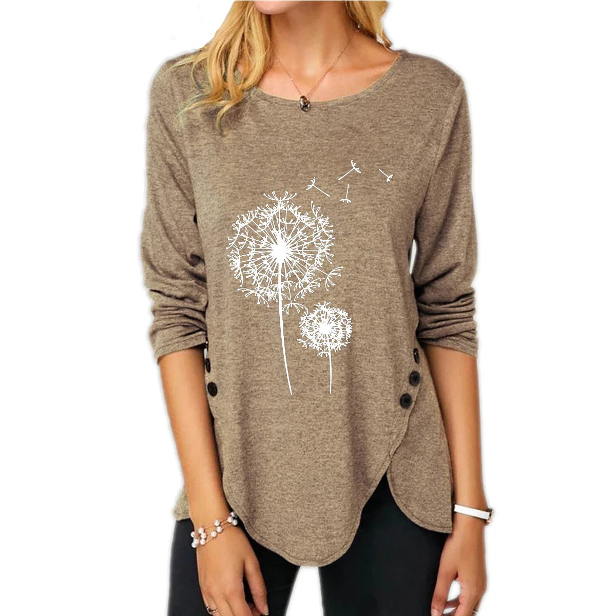 Comfy Kiwi Tee with irregular button design, long sleeves, and round neckline in a range of classic Kiwi colors