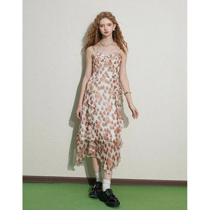 Elegant French-inspired floral midi dress with V-neck, spaghetti straps, and asymmetrical decoration for chic Kiwi style