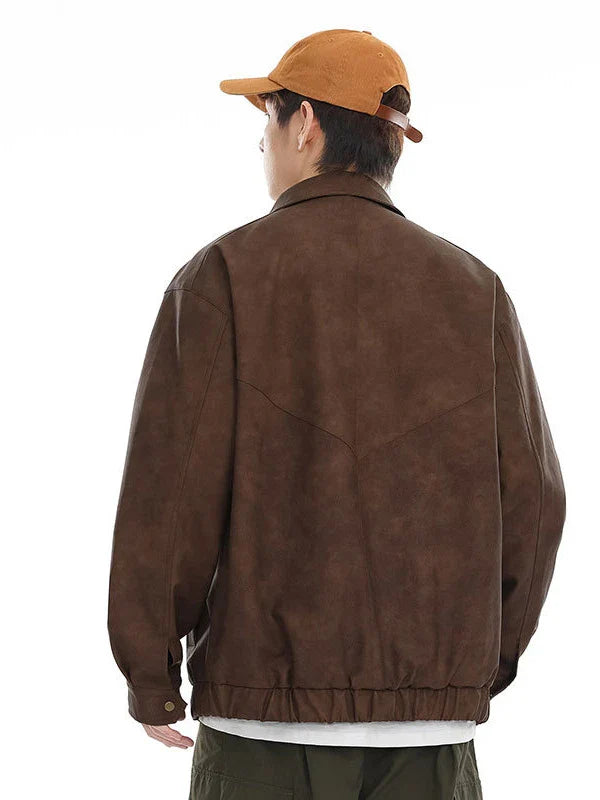 Kiwi-inspired leather jacket with a relaxed, loose fit and classic design elements