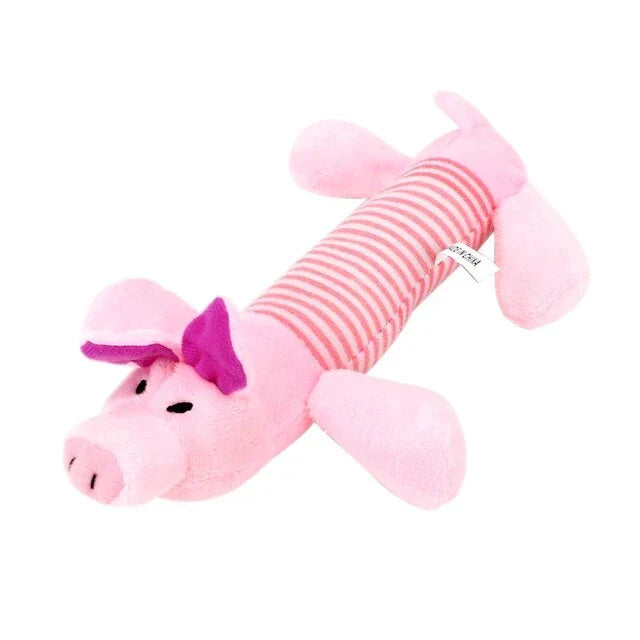 Durable squeaky plush dog toy with textured surface for teeth cleaning and engaging playtime