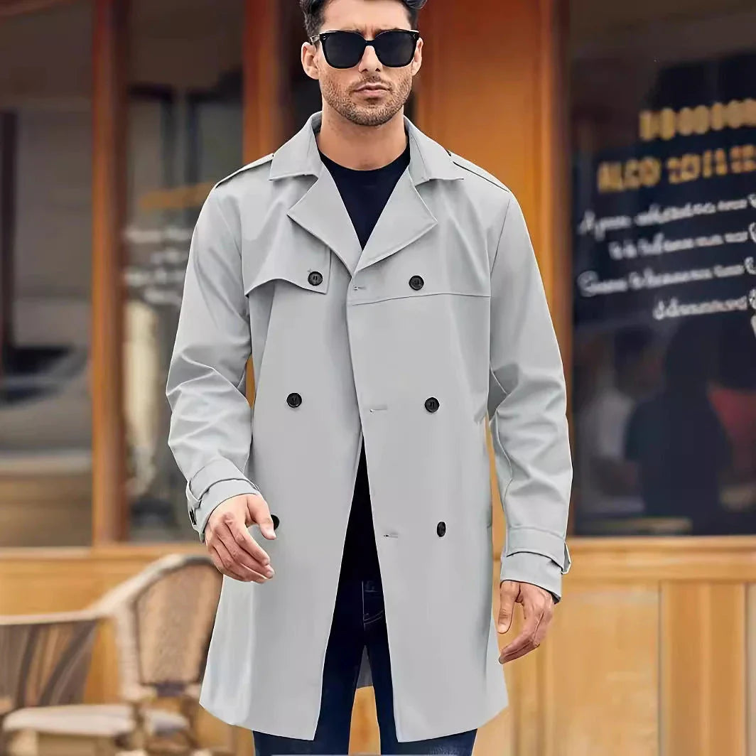 Men's Double-breasted Wool Coat in Light Gray, Black, Khaki, and Dark Brown Colors