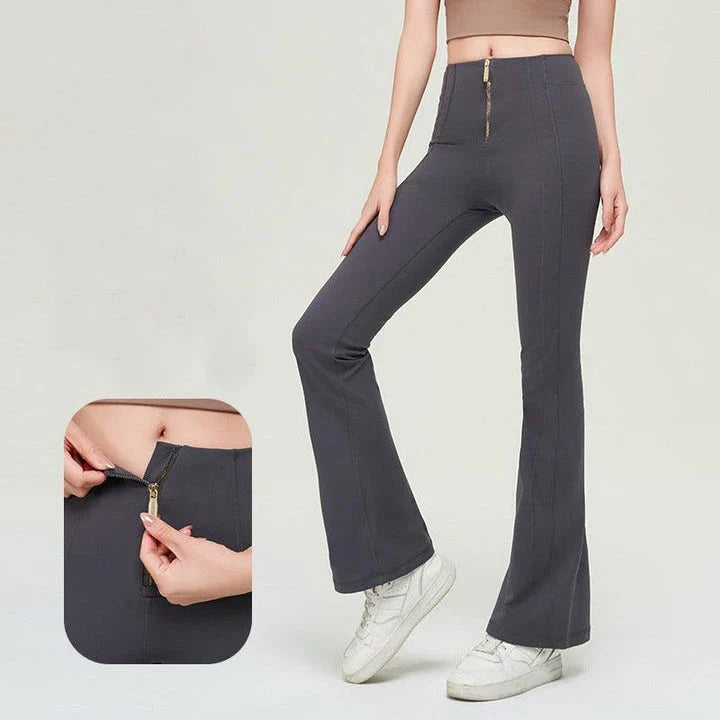 Premium nylon bell-bottom trousers with slimming high-waist design, perfect for Kiwi women's fitness and everyday style.