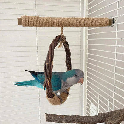 Rustic apple wood bird swing and perch toy for small to medium-sized Kiwi birds like parakeets, cockatiels, and sun conures