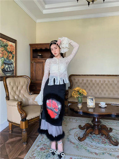 Lace patchwork shirt with ruffled sleeves in a beige color, perfect for casual and formal occasions