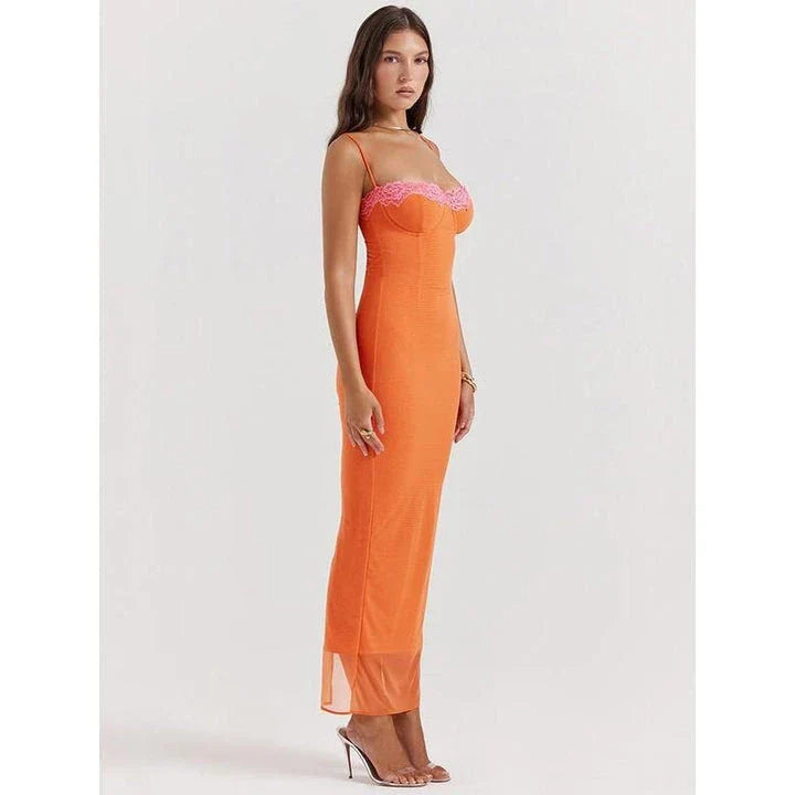 Elegant orange lace maxi dress with backless design, perfect for special occasions in New Zealand