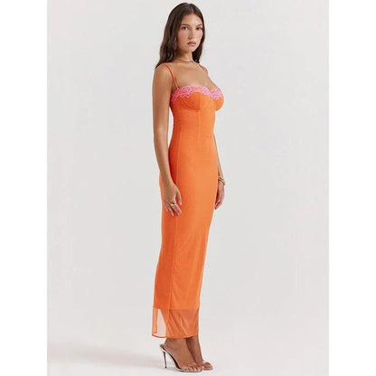 Elegant orange lace maxi dress with backless design, perfect for special occasions in New Zealand