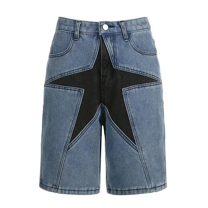 Loose Contrast Color Five-pointed Star Patch Denim Shorts in blue, featuring a relaxed, comfortable fit and unique star patch detailing