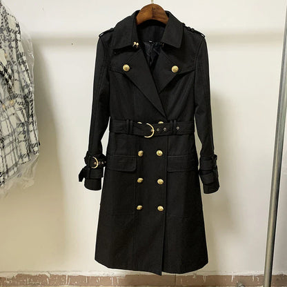 A stylish double-breasted trench coat with a belted waist, made from a cotton-polyester blend for durability and comfort.