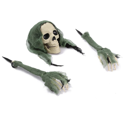 Three handsome skull decorations in green, red, and grey colours for Halloween, Christmas, and Easter celebrations