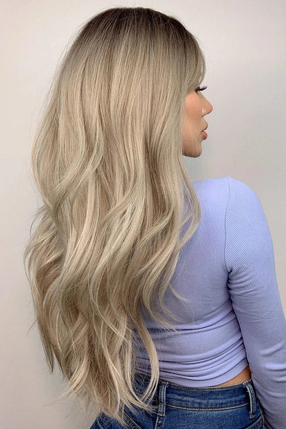 Stylish 26-inch long wave synthetic wig in silver/gray color with comfortable basic cap construction