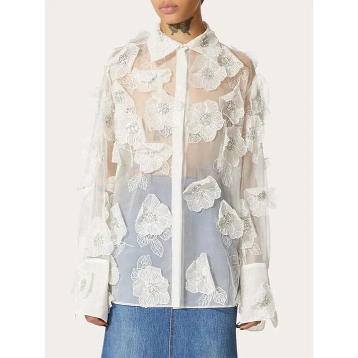 Stylish patchwork blouse with lapel collar, long sleeves, and sheer mesh panels for modern Kiwi casual elegance