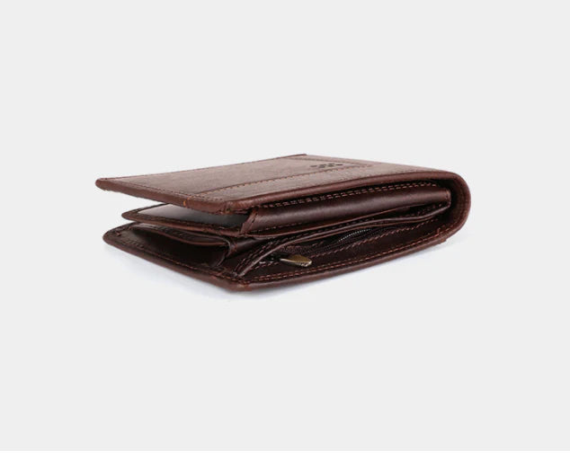 Premium cowhide leather clutch wallet in a classic chocolate colour, featuring multiple internal compartments for organising cards, cash, and other essentials