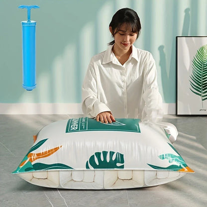 Transparent airtight compression storage bags with built-in pump for space-saving storage of clothes, blankets, and other soft items