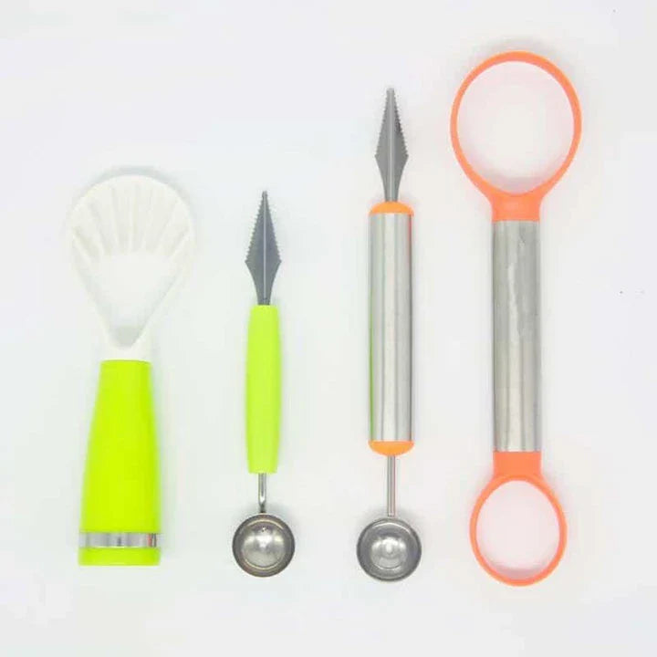 Set of stainless steel fruit carving tools with ergonomic handles for precise and creative fruit sculpting