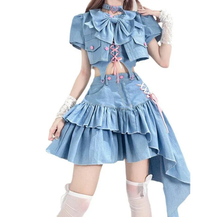 Fashionable three-piece outfit with puff-sleeved coat, lace-up sling top, and unique irregular skirt for the modern New Zealand woman