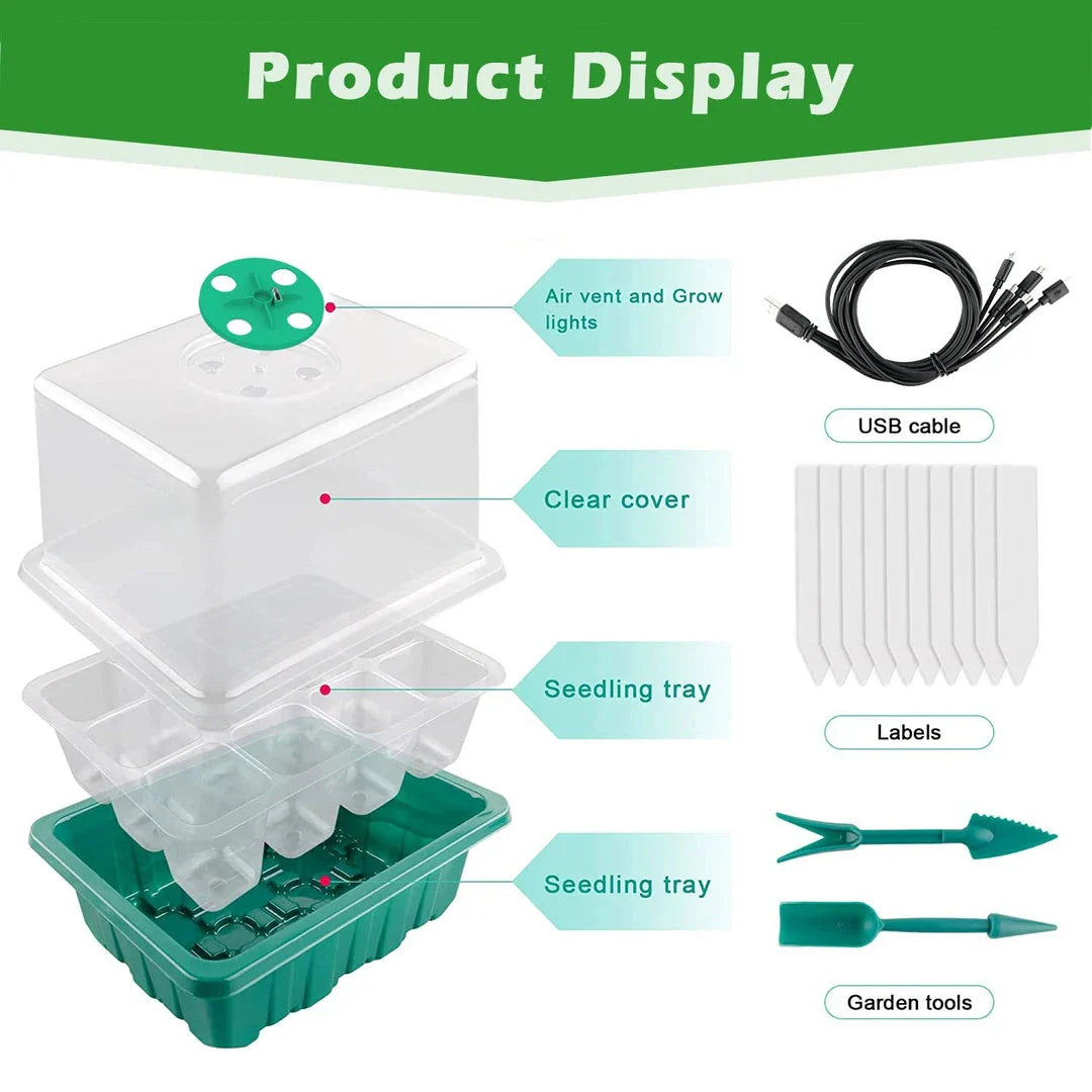 Complete LED Seed Starter Kit with full-spectrum lighting, smart control, and adjustable humidity dome for growing indoor seedlings