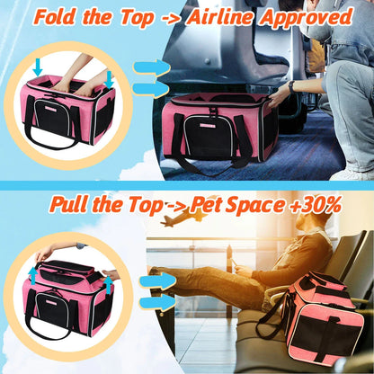 Airline-approved pet carrier with expandable top and safety features for stress-free travel with your furry companion