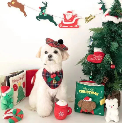 A festive red plush dog toy with a hide-and-seek design, perfect for Kiwi pups to play and discover treats