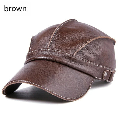 Leather baseball cap with earmuffs in black, red, and brown colors for men's cold weather wear