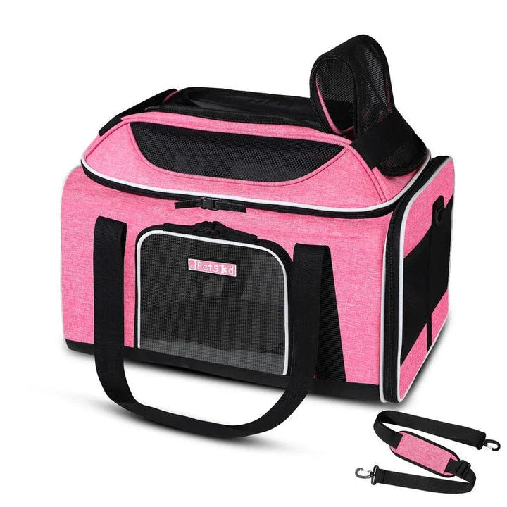 Airline-approved pet carrier with expandable top and safety features for stress-free travel with your furry companion