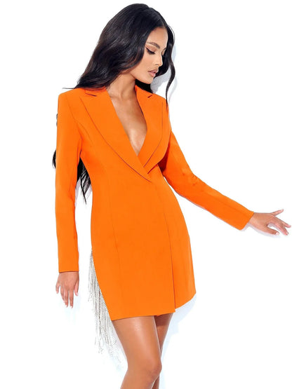 A stylish one-shoulder short dress with long sleeves in an orange color, perfect for formal events or night outs in New Zealand.