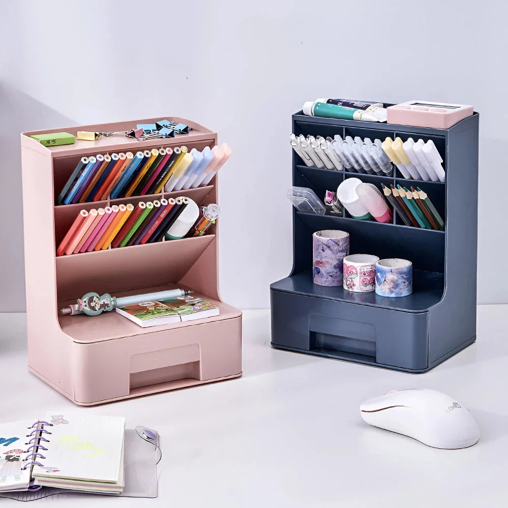 Stylish white desk organiser with compartments for pens, pencils, and other stationery items