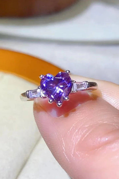 Elegant 1 Carat Moissanite Heart-Shaped Ring in Stunning Purple with Platinum Plating and Zircon Accents