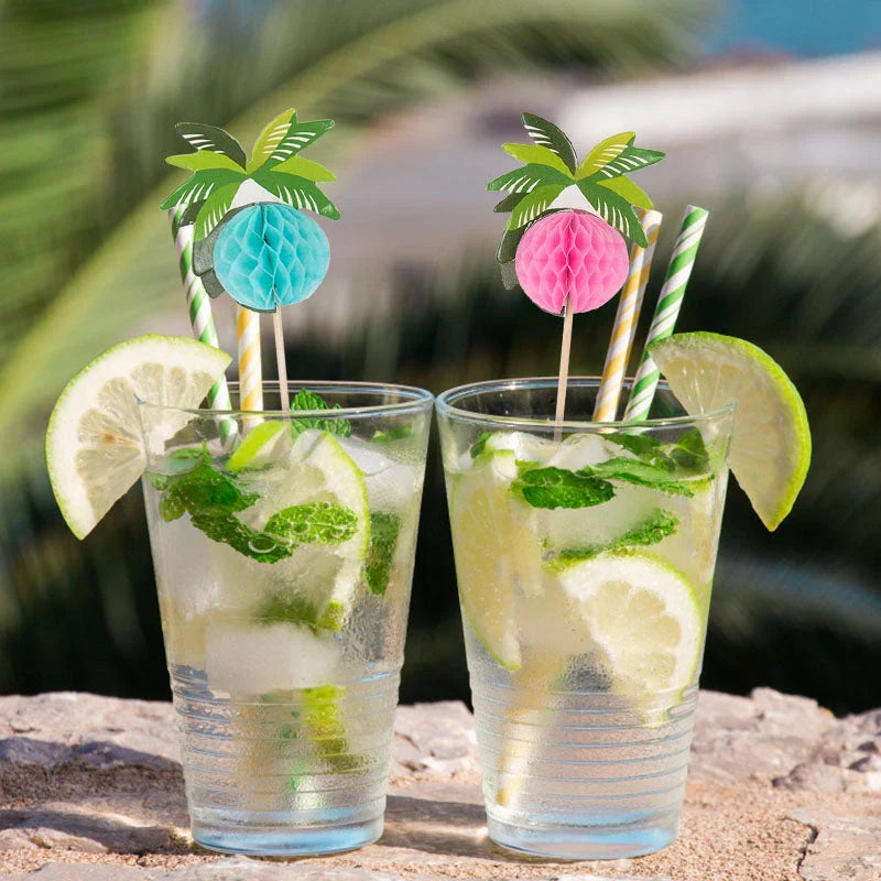 Tropical cocktail picks with coconut palm tree design for summer parties and celebrations