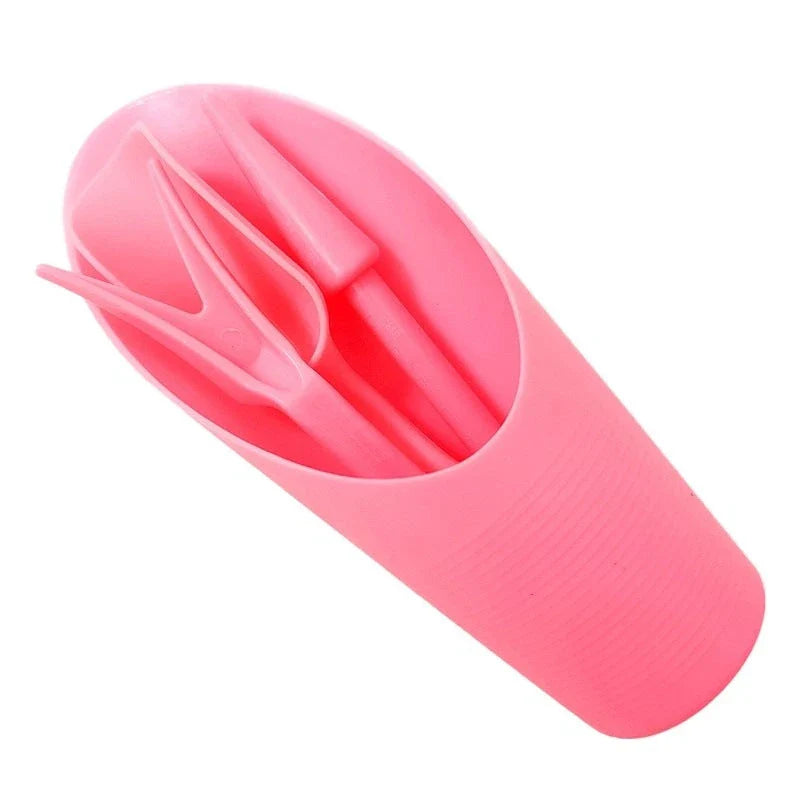 A 4-piece gardening tool set including a soil scoop, hand shovel, multi-use bucket, and seedling transplanter