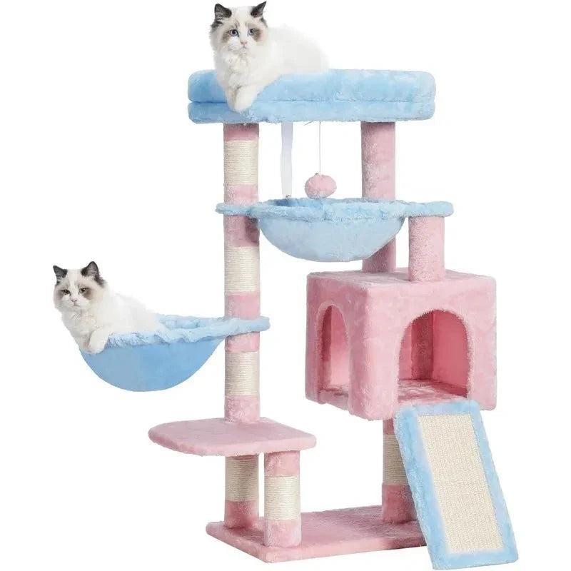 A stylish and sturdy cat tree with multiple levels, scratching posts, and cosy hammocks for your indoor cat's playtime and relaxation.