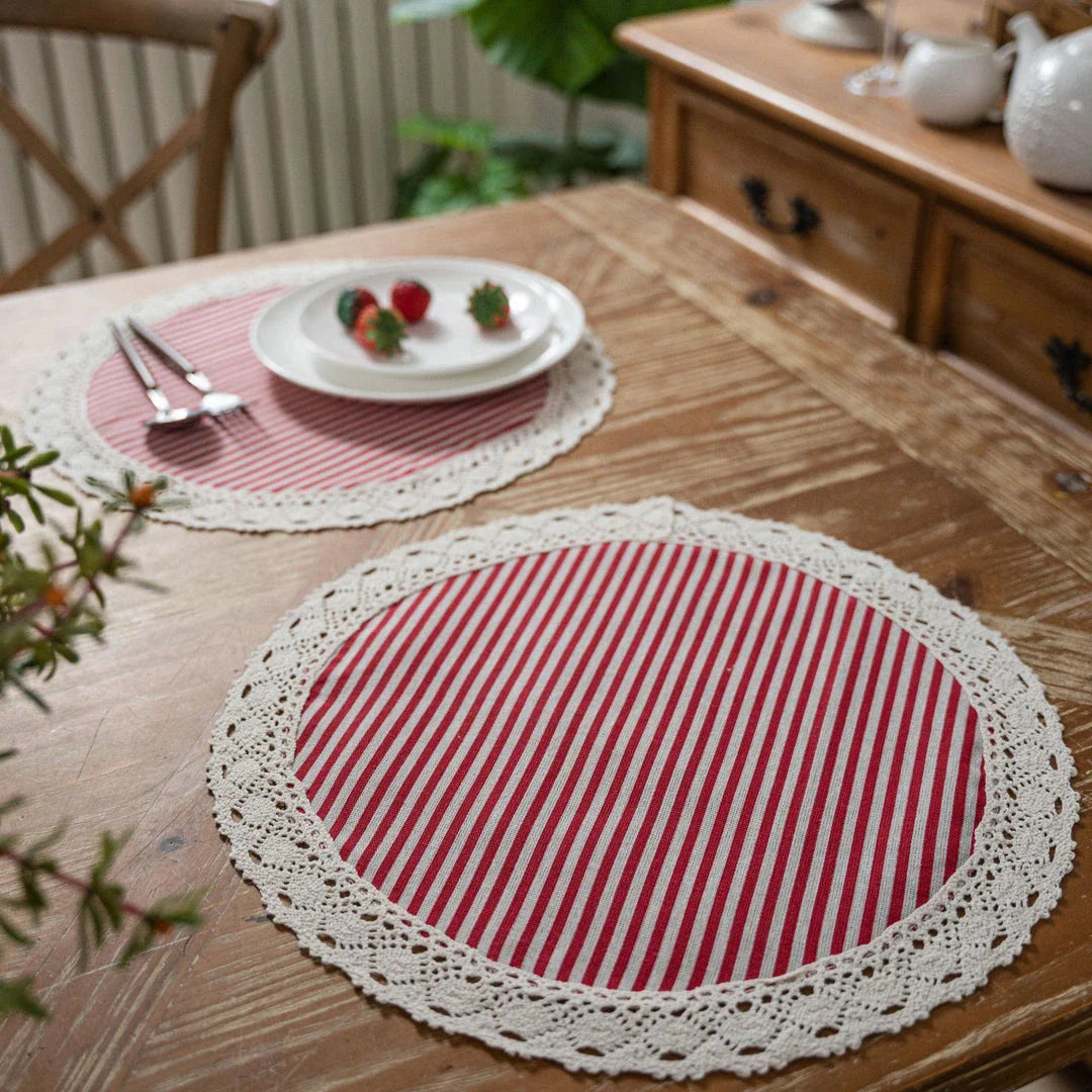 Stylish geometric lace placemats in a variety of shapes and colors, designed to protect your Kiwi dining table and add a touch of modern elegance.