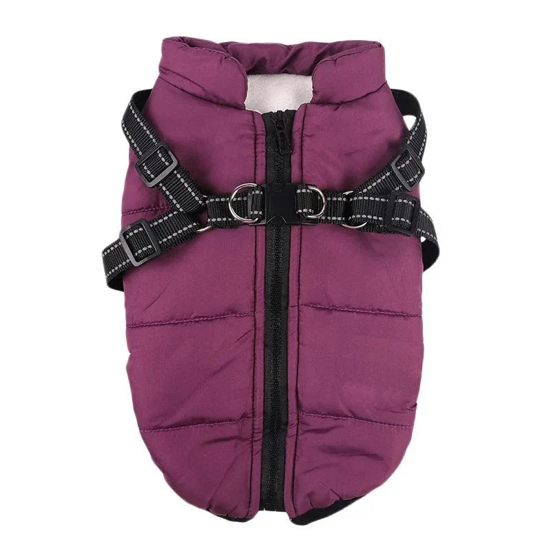 A stylish and practical waterproof dog coat with a built-in harness, designed to keep your pet warm, dry, and safe during outdoor activities.