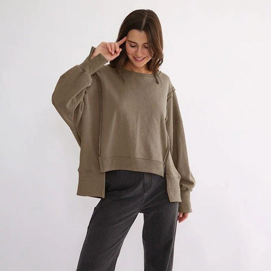 Cozy and fashionable oversized cotton jumper with trendy patchwork design