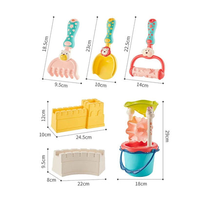Colorful beach toy set with shovels, sand molds, and a convenient carry bag for outdoor fun