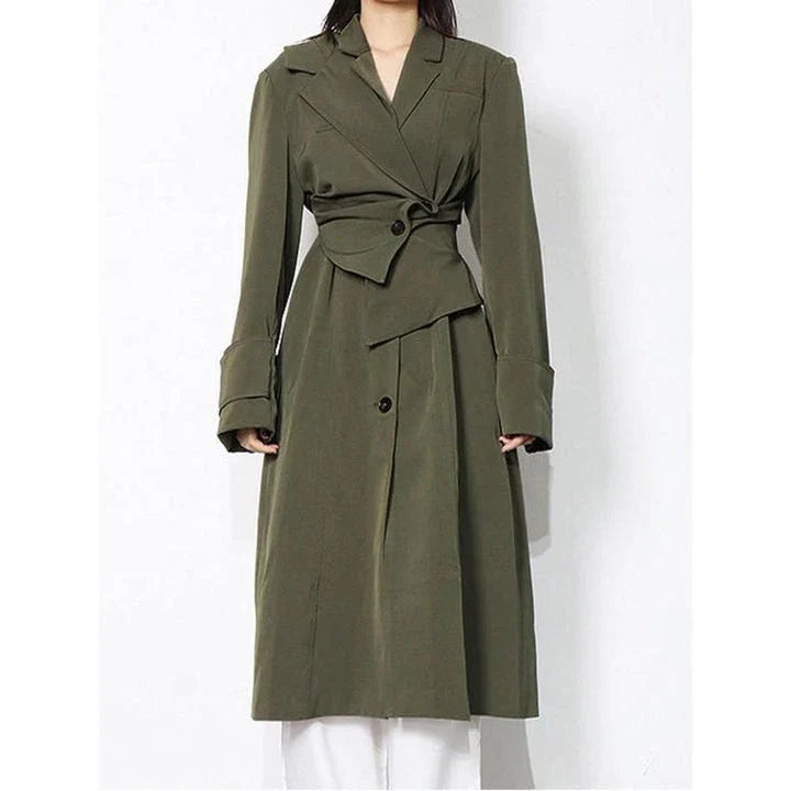 Elegant high-waist windbreaker trench coat for women, featuring a turn-down collar, single-breasted closure, and removable long sleeves.